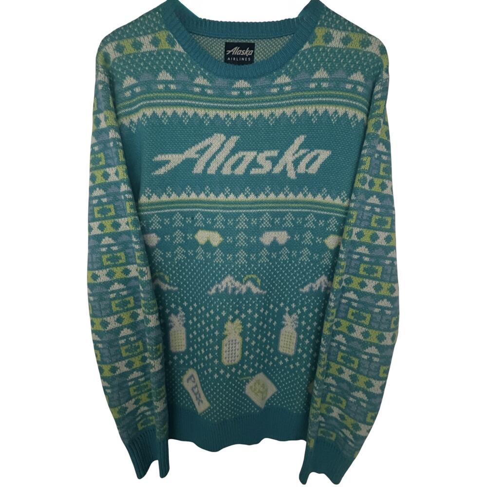 Alaska Airlines Fair Isle Novelty Travel Sweater Teal Unisex XL